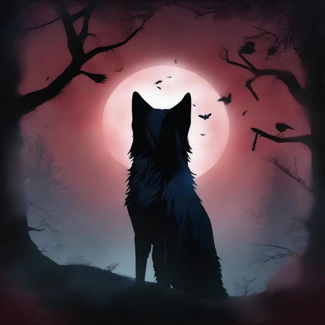 A captivating fantasy book cover featuring a wolf in a dark night forest, howling at the bloodred full moon