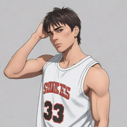 Illustration of a muscular cartoon anime boy in a half-sleeved basketball t-shirt, featuring a short mullet hairstyle. He is wiping sweat from his brow using his shirt, revealing a glimpse of his abs.