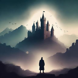 Create a captivating book cover with an intriguing design, featuring a mysterious landscape with a castle in the background, and a lone figure standing in the foreground, looking towards the castle