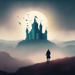 Create a captivating book cover with an intriguing design, featuring a mysterious landscape with a castle in the background, and a lone figure standing in the foreground, looking towards the castle