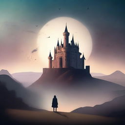 Create a captivating book cover with an intriguing design, featuring a mysterious landscape with a castle in the background, and a lone figure standing in the foreground, looking towards the castle