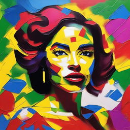 Create an 8k resolution oil painting in impasto pop art style featuring a beautiful Brazilian woman