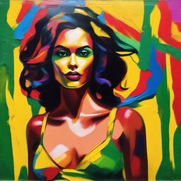 Create an 8k resolution oil painting in impasto pop art style featuring a beautiful Brazilian woman