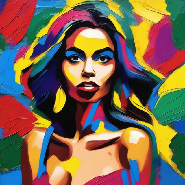 Create an 8k resolution oil painting in impasto pop art style featuring a beautiful Brazilian woman