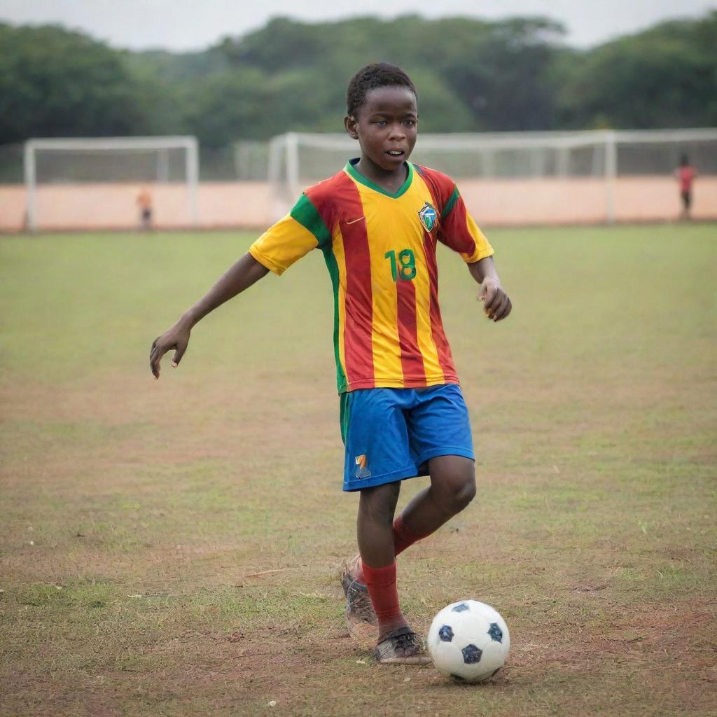 A 9-year-old Ghanaian boy in colorful football attire, striking a soccer ball with great gusto, about to score a goal against an idyllic backdrop of a lively local Ghanaian soccer field.