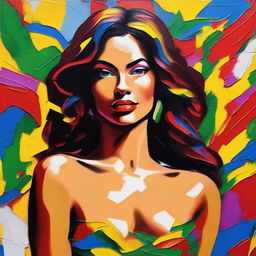 Create an 8k resolution oil painting in impasto pop art style featuring a beautiful Brazilian woman