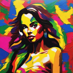 Create an 8k resolution oil painting in impasto pop art style featuring a beautiful Brazilian woman