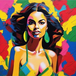 Create an 8k resolution oil painting in impasto pop art style featuring a beautiful Brazilian woman