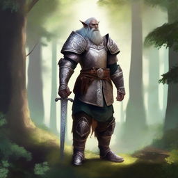 A majestic Firbolg paladin standing tall in a lush forest, clad in gleaming armor with intricate designs