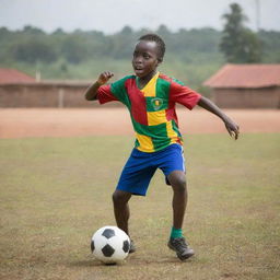 A 9-year-old Ghanaian boy in colorful football attire, striking a soccer ball with great gusto, about to score a goal against an idyllic backdrop of a lively local Ghanaian soccer field.