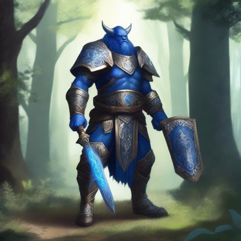 A majestic blue-skinned Firbolg paladin standing tall in a lush forest, clad in gleaming armor with intricate designs