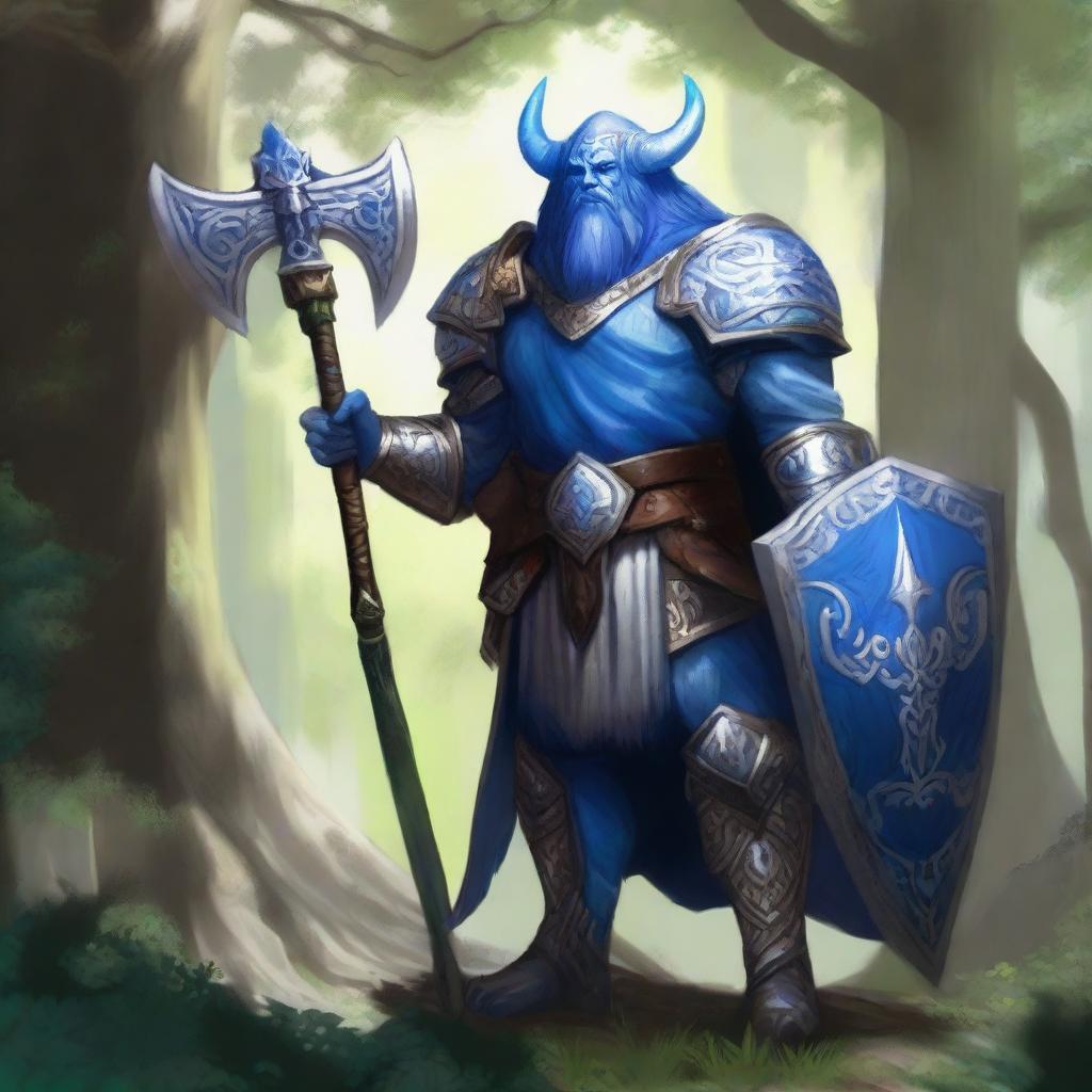 A majestic blue-skinned Firbolg paladin standing tall in a lush forest, clad in gleaming armor with intricate designs