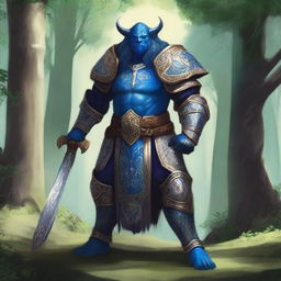 A majestic blue-skinned Firbolg paladin standing tall in a lush forest, clad in gleaming armor with intricate designs