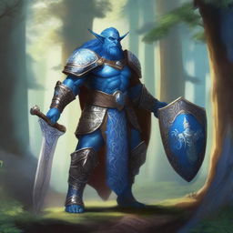 A majestic blue-skinned Firbolg paladin standing tall in a lush forest, clad in gleaming armor with intricate designs