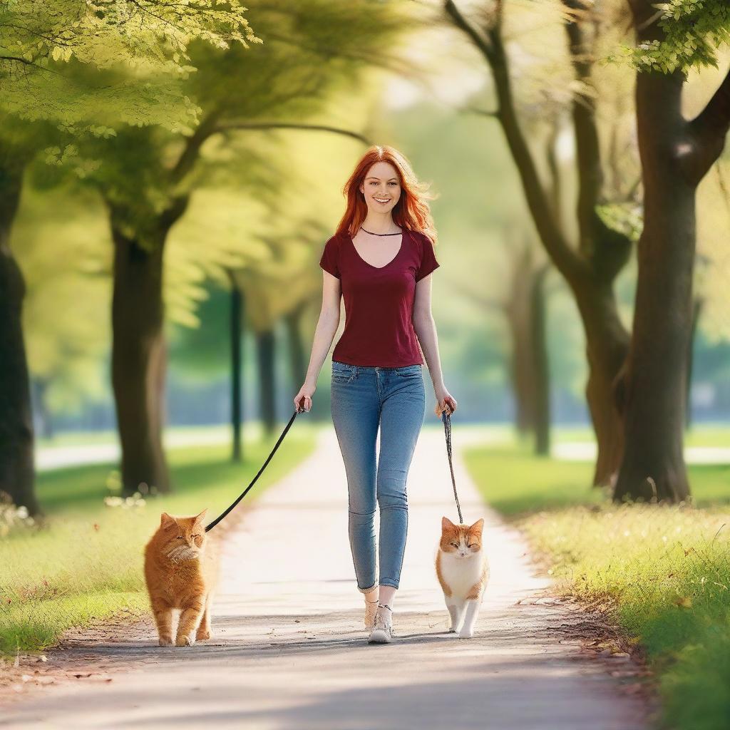 A red-haired woman walking a cat on a leash in a scenic park