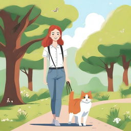 A red-haired woman walking a cat on a leash in a scenic park