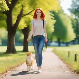 A red-haired woman walking a cat on a leash in a scenic park