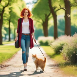 A red-haired woman walking a cat on a leash in a scenic park