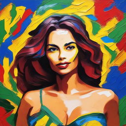 Create an 8k resolution oil painting in impasto pop art style featuring a beautiful Brazilian woman