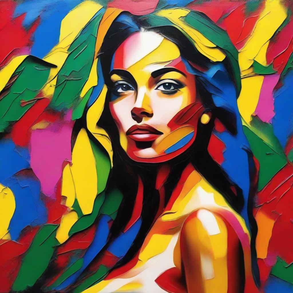 Create an 8k resolution oil painting in impasto pop art style featuring a beautiful Brazilian woman