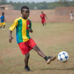 A 9-year-old Ghanaian boy in colorful football attire, striking a soccer ball with great gusto, about to score a goal against an idyllic backdrop of a lively local Ghanaian soccer field.