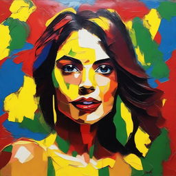 Create an 8k resolution oil painting in impasto pop art style featuring a beautiful Brazilian woman