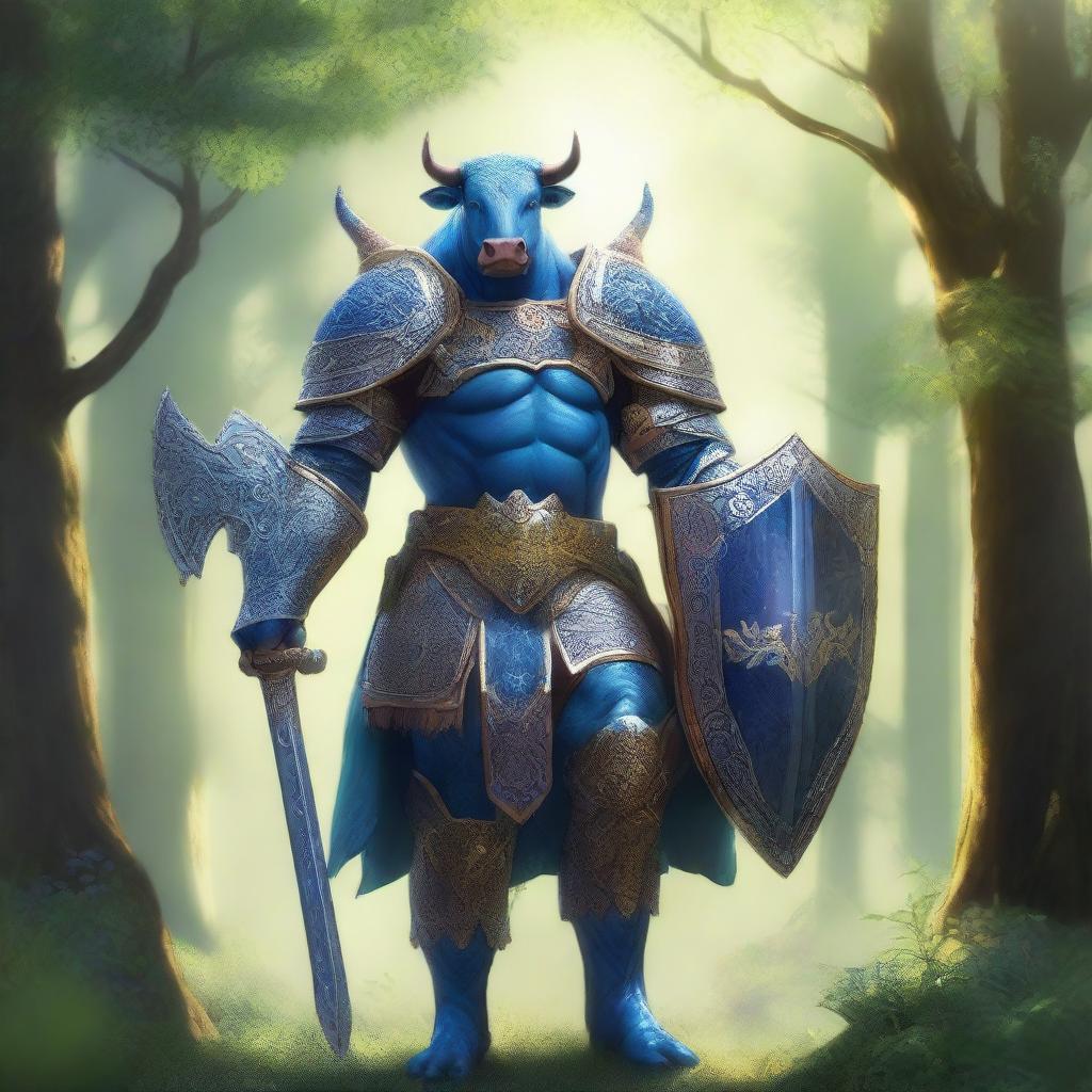 A majestic blue-skinned cow man paladin standing tall in a lush forest, clad in gleaming armor with intricate designs