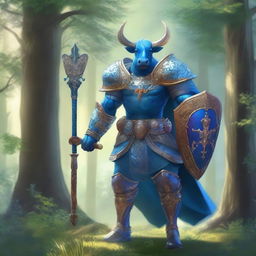 A majestic blue-skinned cow man paladin standing tall in a lush forest, clad in gleaming armor with intricate designs