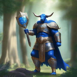 A majestic blue-skinned cow man paladin standing tall in a lush forest, clad in gleaming armor with intricate designs