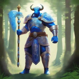 A majestic blue-skinned cow man paladin standing tall in a lush forest, clad in gleaming armor with intricate designs