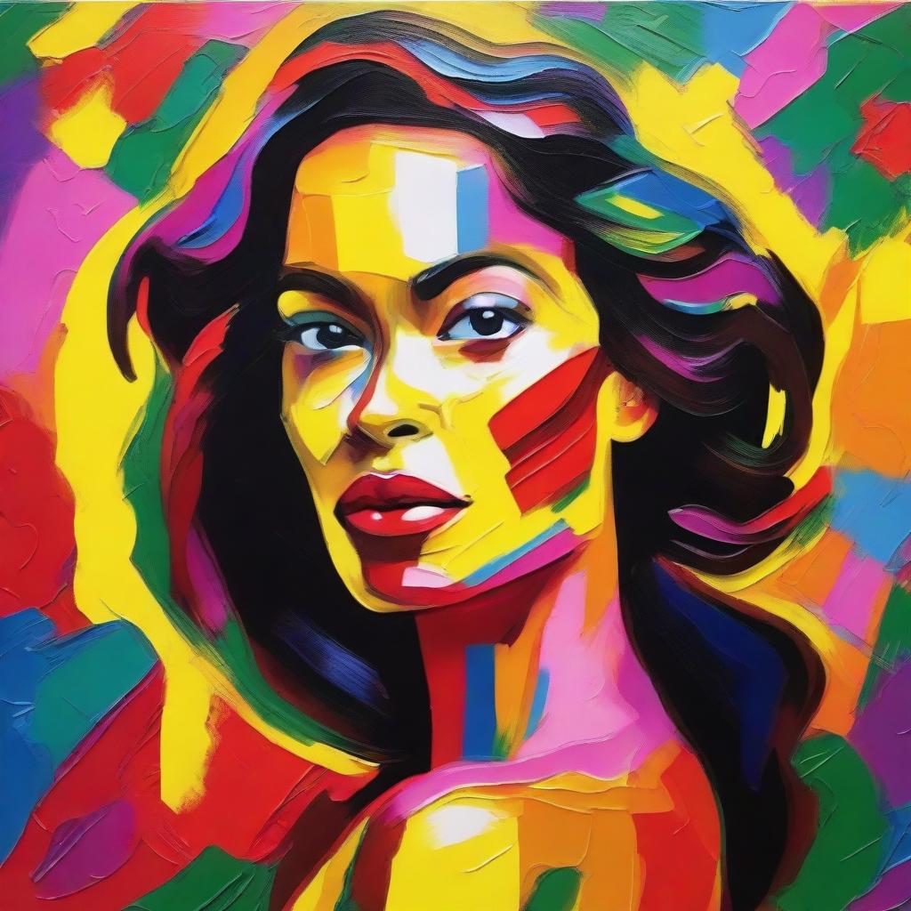 Create an 8k resolution oil painting in impasto pop art style featuring a beautiful Brazilian woman