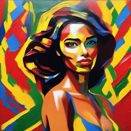 Create an 8k resolution oil painting in impasto pop art style featuring a beautiful Brazilian woman