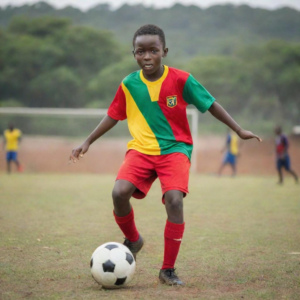 A 9-year-old Ghanaian boy in colorful football attire, striking a soccer ball with great gusto, about to score a goal against an idyllic backdrop of a lively local Ghanaian soccer field.