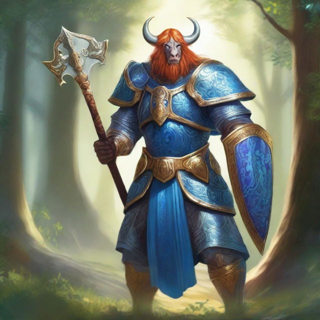 A majestic blue-skinned cow man paladin with amber hair standing tall in a lush forest, clad in gleaming armor with intricate designs