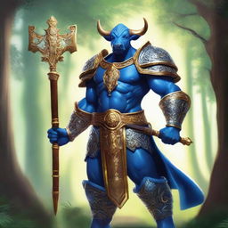 A majestic blue-skinned cow man paladin with amber hair standing tall in a lush forest, clad in gleaming armor with intricate designs