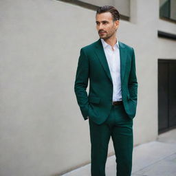 A man in a pristine white shirt paired with a dark green pair of pants and complemented by a stylish blazer.