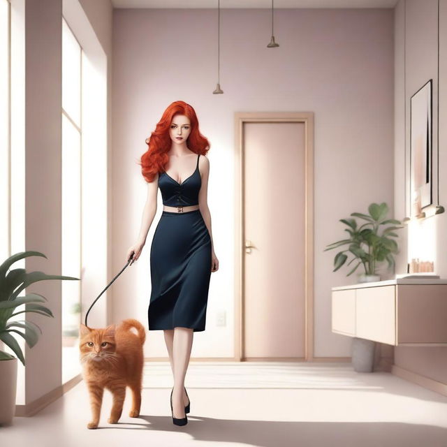 A red-haired woman in lingerie walking a cat