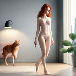 A red-haired woman in lingerie walking a cat