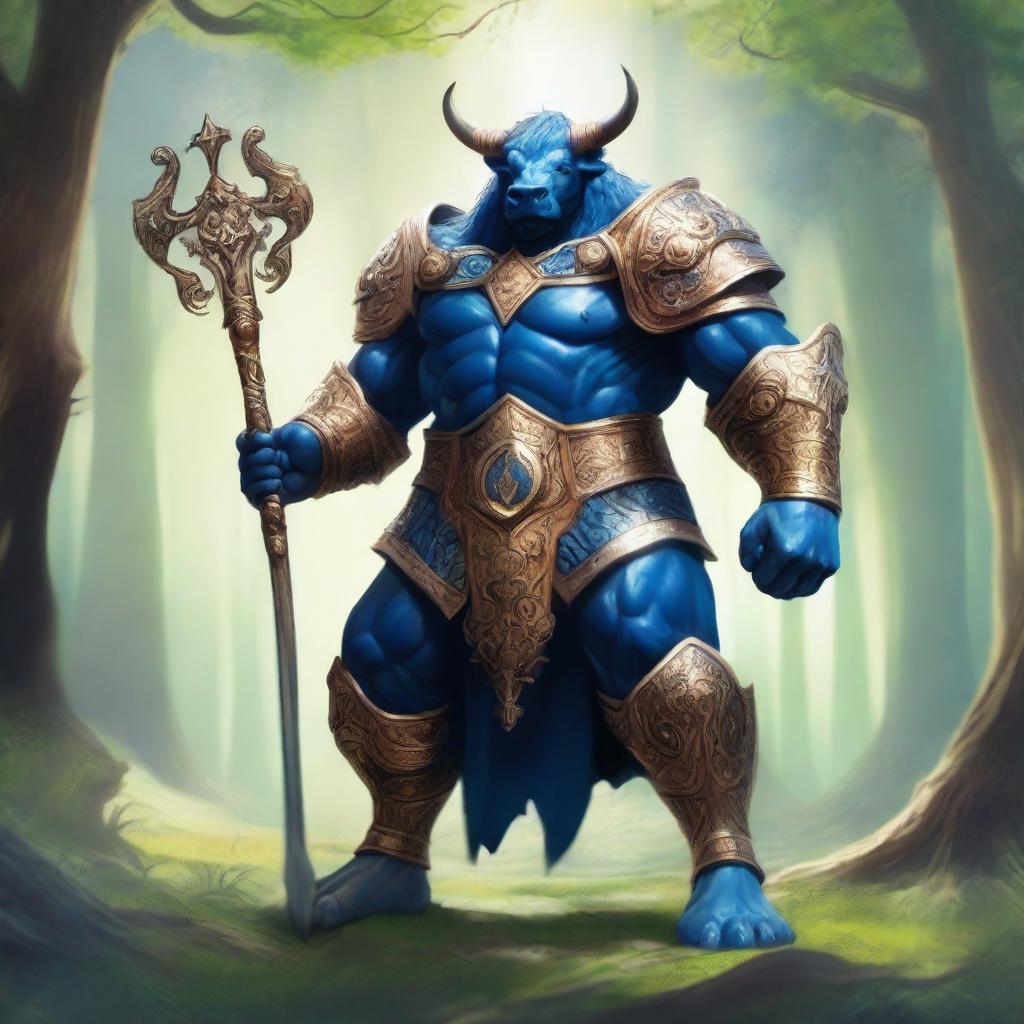 A majestic blue-skinned bull man paladin with amber hair standing tall in a lush forest, clad in gleaming armor with intricate designs