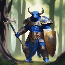 A majestic blue-skinned bull man paladin with amber hair standing tall in a lush forest, clad in gleaming armor with intricate designs