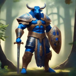 A majestic blue-skinned bull man paladin with amber hair standing tall in a lush forest, clad in gleaming armor with intricate designs