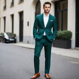 A man in a pristine white shirt paired with a dark green pair of pants and complemented by a stylish blazer.