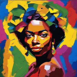 Create an 8k resolution oil painting in impasto pop art style featuring a beautiful dark-skinned Brazilian woman