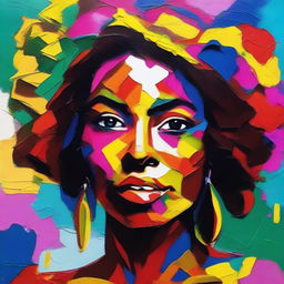 Create an 8k resolution oil painting in impasto pop art style featuring a beautiful dark-skinned Brazilian woman