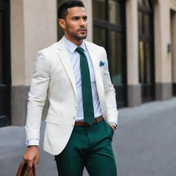 A man in a pristine white shirt paired with a dark green pair of pants and complemented by a stylish blazer.