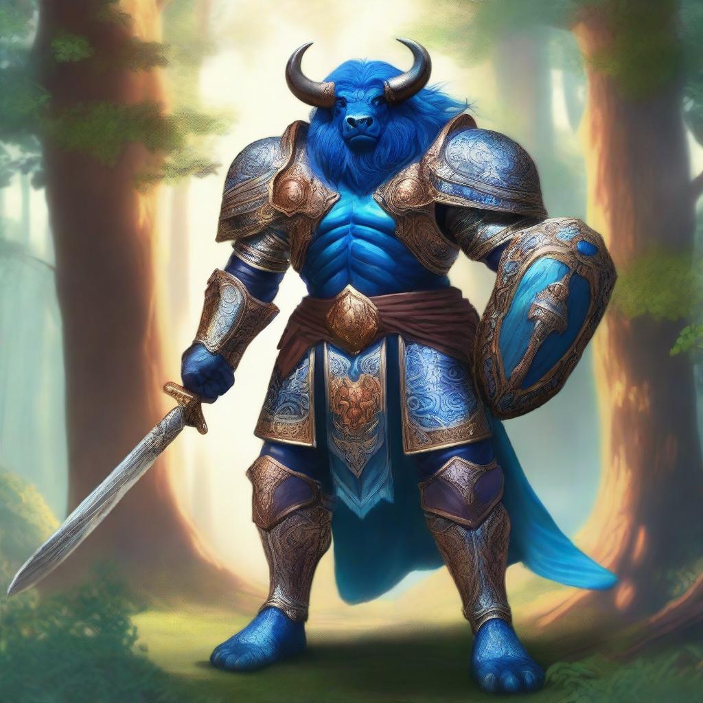 A majestic blue-skinned bison man paladin with amber hair standing tall in a lush forest, clad in gleaming armor with intricate designs