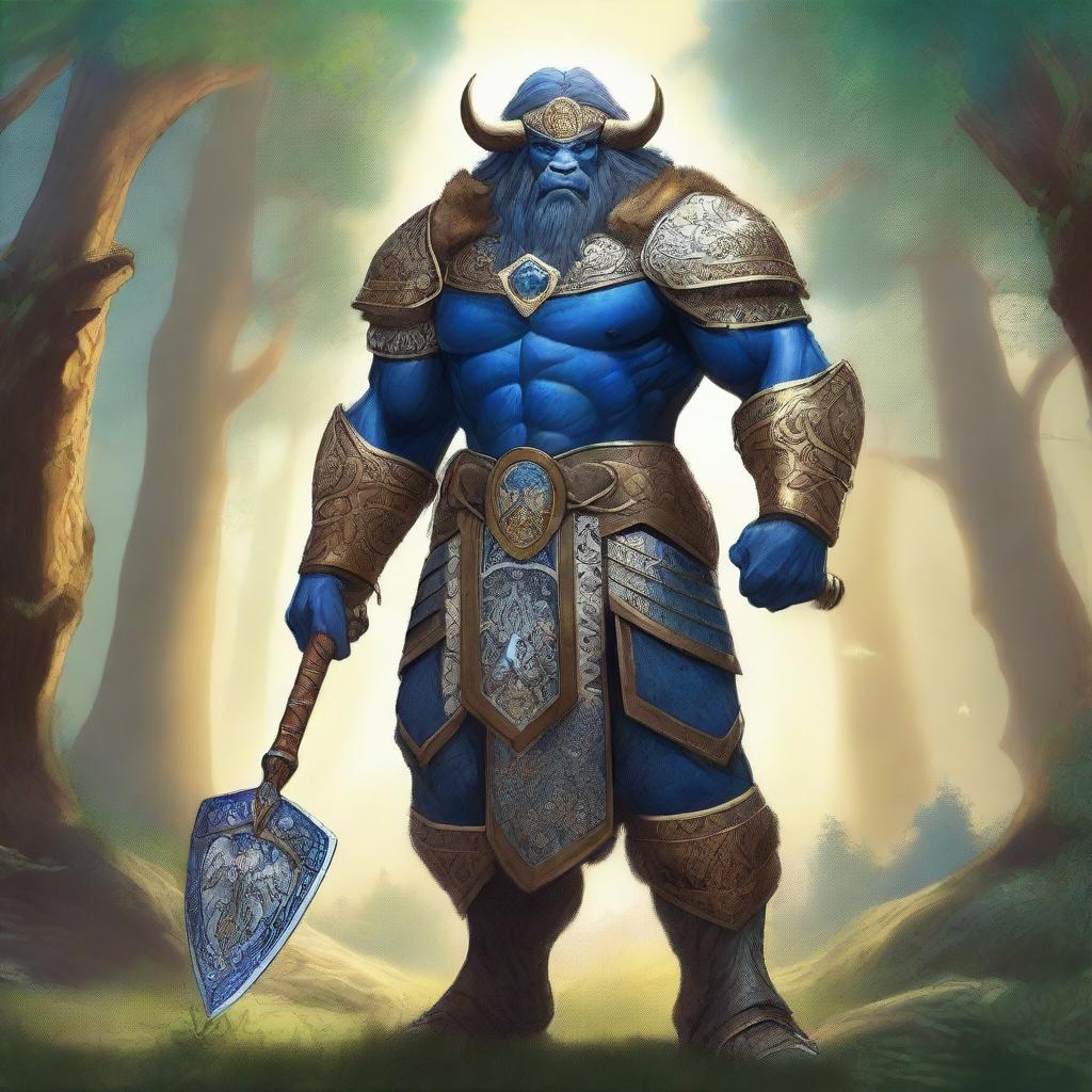 A majestic blue-skinned bison man paladin with amber hair standing tall in a lush forest, clad in gleaming armor with intricate designs