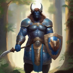 A majestic blue-skinned bison man paladin with amber hair standing tall in a lush forest, clad in gleaming armor with intricate designs