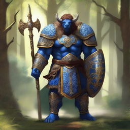 A majestic blue-skinned bison man paladin with amber hair standing tall in a lush forest, clad in gleaming armor with intricate designs