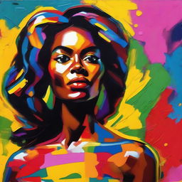 Create an 8k resolution oil painting in impasto pop art style featuring a beautiful dark-skinned Brazilian woman